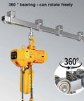 Four Wheel Strut Channel Trolley Hoist With 360 Degree Rotating Bearing Rollers attached to sliding rail system