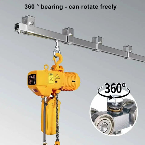 Four Wheel Strut Channel Trolley Hoist With 360 Degree Rotating Bearing Rollers attached to sliding rail system