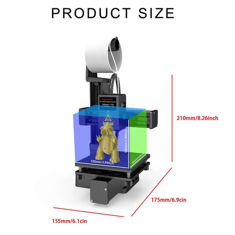 Mini 3D Printer for Beginners, Fully Assembled Desktop Printing Machine With High Precision 0.05mm Layer Resolution, dimensions shown