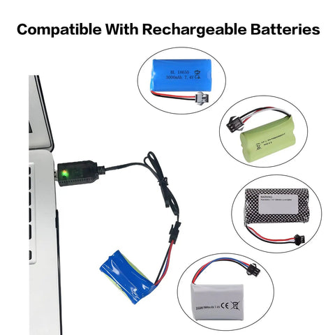2 Pack 7.4V USB Charger Cable With SM-3PIN Plug For RC Cars Planes Tanks Boats And Other Remote Control Toys Universal 7.4V Battery USB Charger With Battery Protection connected to laptop with rechargeable batteries