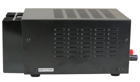 Side view of black 12 Amp 13.8V DC Regulated Power Supply With Fuse Protection For Ham Radios CB Radios And Amplifiers Stable Linear Power