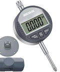 HDLNKAK digital dial indicator gauge, front view, 0-1 in range, metal probe with mounting plate and case