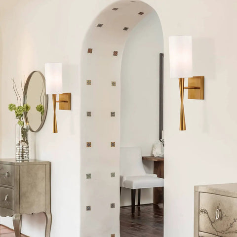 Antique Brass Wall Sconce Set Of 2 With Cream White Fabric Shade, Modern Brush Finish, Dimmable Go-To Lighting For Vanity, Stairway, Fireplace, Kitchen, Living Room And Bedside