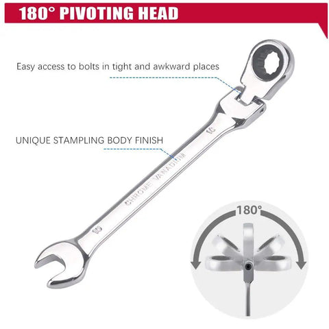 Beefy 10mm Metric Flex Head Gear Wrench With Box End And 72 Tooth Ratcheting No Skipped Sizes High Polish Chrome Finish
