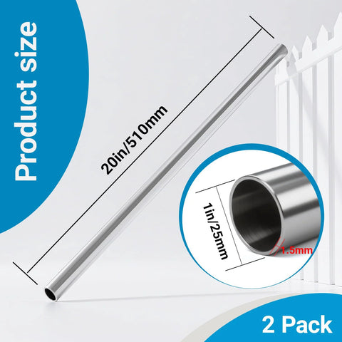 Two-pack 1-inch OD 304 stainless steel tubes, 20 inches long, 1.5 mm wall thickness, angled side view