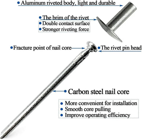 100 Pieces Large Flange Blind Rivets Aluminum Assortment Kit For Heavy Duty Quick Fixes And Strong Seams Three Sixteenths By Five Eighths Inch Grip Range Eight To Twelve Millimeters Rust Resistant Pop Rivets For Soft Materials And Wood, showcasing aluminum riveted body with carbon steel nail core.