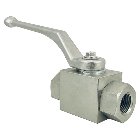 Front view of Autovo hydraulic ball valve, 3/8 in NPT, lever-operated, silver metal body