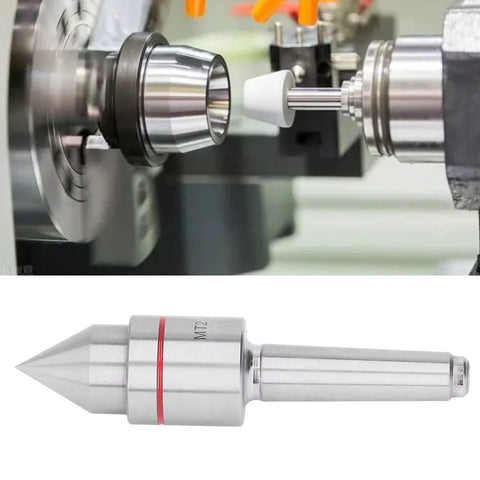 MT2 Morse-taper live center for lathe; two views show mounted spindle and silver standalone tool.