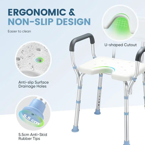 Heavy Duty Shower Chair With Back And Arms, 300 Lb Capacity, Non Slip Aluminum Frame with ergonomic anti-slip design