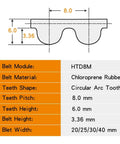Technical diagram of 8mm Pitch Timing Belt for Industrial Machines and CNCs, showing dimensions and chloroprene construction details.