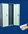 Heavy Duty 100 Drawer Steel Small Parts Cabinet with open doors and ABS bins, ideal for garage and workshop sorting.