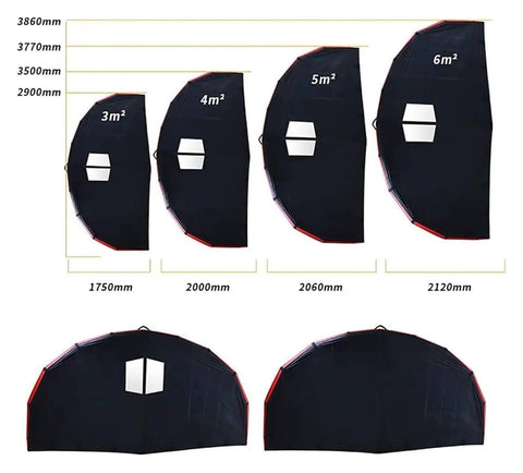 Inflatable Surf Wing For Kitesurfing And Foil Surfing, Multipurpose Wing With Window, sizes from 3m² to 6m² displayed on chart