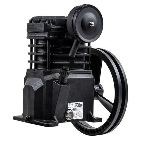 Heavy Duty Two Cylinder Cast Iron Air Compressor Pump Built Tough To Knock Any Job Out Delivering 2 Horsepower And Smooth 5.5 Scfm Flow Fits Up To 40 Gallon Tanks For Shop side view of cast iron pump