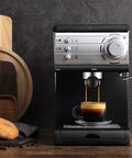Top Shelf Semiautomatic Espresso Maker With A Mean 20 Bar Pump And Sleek Milk Frother brewing espresso into a cup.