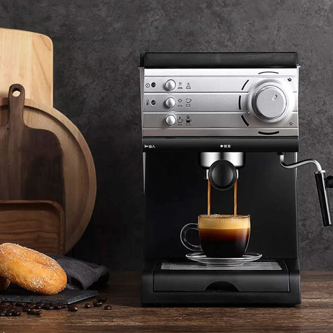 Top Shelf Semiautomatic Espresso Maker With A Mean 20 Bar Pump And Sleek Milk Frother brewing espresso into a cup.