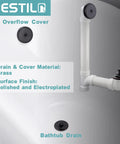 Oil Rubbed Bronze Bathtub Drain Kit With Lift And Turn Stopper And Overflow Faceplate Universal No Fuss One And A Half Inch Or One And Three Eighths Inch Drain Hole Solid Brass Construction Easy Install Durable Bath Drain Fixture in a bathtub with visible overflow pipe and stopper.