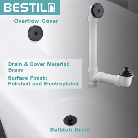 Oil Rubbed Bronze Bathtub Drain Kit With Lift And Turn Stopper And Overflow Faceplate Universal No Fuss One And A Half Inch Or One And Three Eighths Inch Drain Hole Solid Brass Construction Easy Install Durable Bath Drain Fixture in a bathtub with visible overflow pipe and stopper.