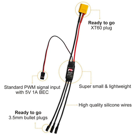 Ultra Light 20A Brushless ESC With 5V 1A BEC XT60 Connector And 3.5mm Plugs Pre Soldered Small Size High Performance Speed Controller For RC Cars Drones And Planes.