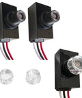 Three Pack Outdoor Photocell Sensor For Dusk To Dawn Lighting No Fuss 120 277V Photoelectric Switch Hardwired Post Light Sensor 500W Load Three To Eight Meter Sensing Distance 2W Power Draw Weatherproof Exterior, black wired units