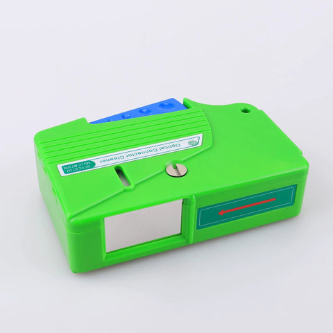 Front view of Amazon green fiber-optic connector cleaner for 2.5/1.25 mm FC/SC/ST/LC connectors, blue insert, 4-in-1.