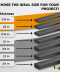 Tight As A Drum Closed Cell Sponge Rubber Foam Tape sizes comparison chart showing thickness options from 1/16 to 3/4 inch.