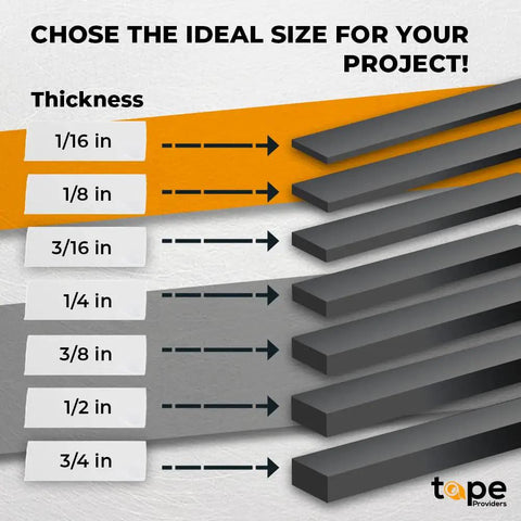 Tight As A Drum Closed Cell Sponge Rubber Foam Tape sizes comparison chart showing thickness options from 1/16 to 3/4 inch.