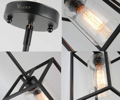 Close-up of Black Pendant Light For Kitchen Island And Dining Room With Seeded Glass In A Sturdy Metal Cage Fixture Farmhouse Style