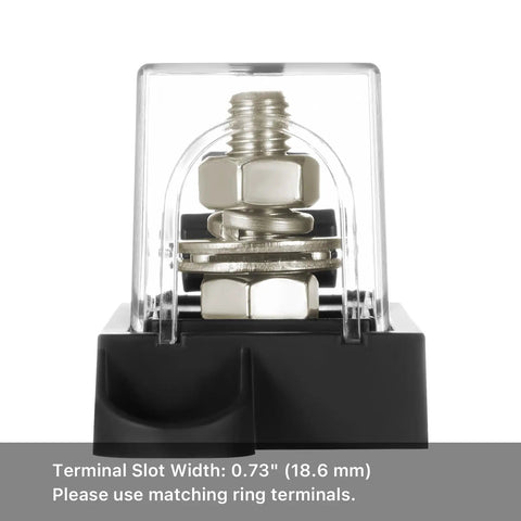 Built Tough MEGA Fuse Holder With 100 Amp Cartridge And Clear View Lid For 12V And 24V DC Circuits Double Pack close-up of terminal and nuts.