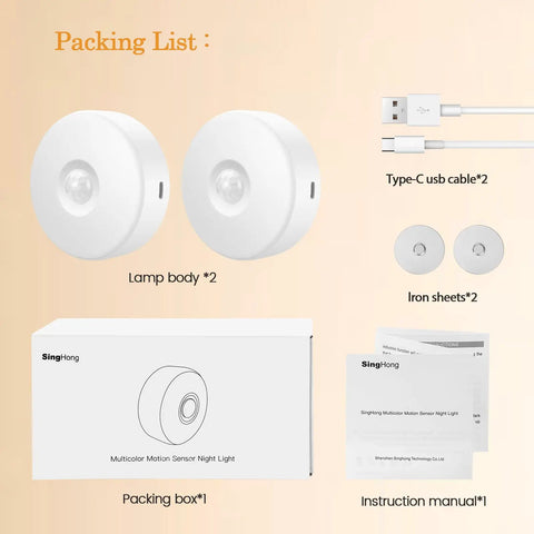 Motion Sensor LED Night Light USB Rechargeable With 8 Color Options And 3 Working Modes Magnetic Stick Anywhere 2 Pack components