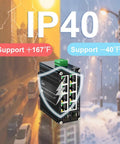 Industrial 8-Port Gigabit PoE+ Switch With 2 SFP Slots, 240W Budget, DIN Rail Mount shown in varied temperature range settings