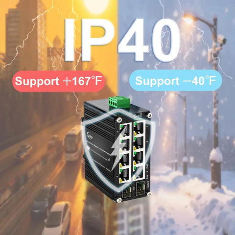Industrial 8-Port Gigabit PoE+ Switch With 2 SFP Slots, 240W Budget, DIN Rail Mount shown in varied temperature range settings