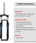 26 Inch Mountain Bike Suspension Fork 100mm Travel One And One Eighth Inch Steerer Quick Release Manual Lockout Disc Brake V Brake Trail Ready Compatible Aluminum Alloy Black Gray, product parameters section shown.