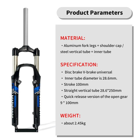 26 Inch Mountain Bike Suspension Fork 100mm Travel One And One Eighth Inch Steerer Quick Release Manual Lockout Disc Brake V Brake Trail Ready Compatible Aluminum Alloy Black Gray, product parameters section shown.