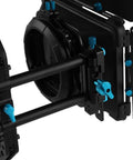 Close-up of Pro Grade 15mm Rail DSLR Swing Away Matte Box Kit with Top Handle and Quick Flags, mounted on rods.