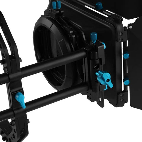 Close-up of Pro Grade 15mm Rail DSLR Swing Away Matte Box Kit with Top Handle and Quick Flags, mounted on rods.