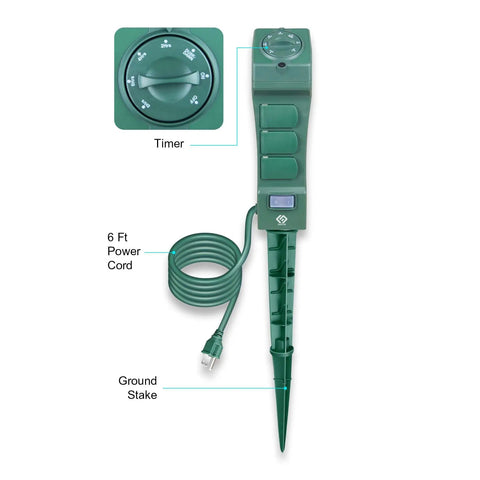 Slick Heavy Duty Outdoor Power Stake With Light Sensor Timer Set To Two Four Six Or Eight Hours Powers On At Dusk To Dawn with timer settings and 6-ft cord.