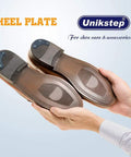 Hands holding shoes with installed Six Pairs Rubber Heel Plates Repair Kit For Mens Leather Shoes And Womens Thick Heels Includes Double Sided Tape Sandpaper And Replacement Patches Durable Easy Install