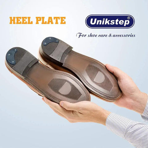 Hands holding shoes with installed Six Pairs Rubber Heel Plates Repair Kit For Mens Leather Shoes And Womens Thick Heels Includes Double Sided Tape Sandpaper And Replacement Patches Durable Easy Install