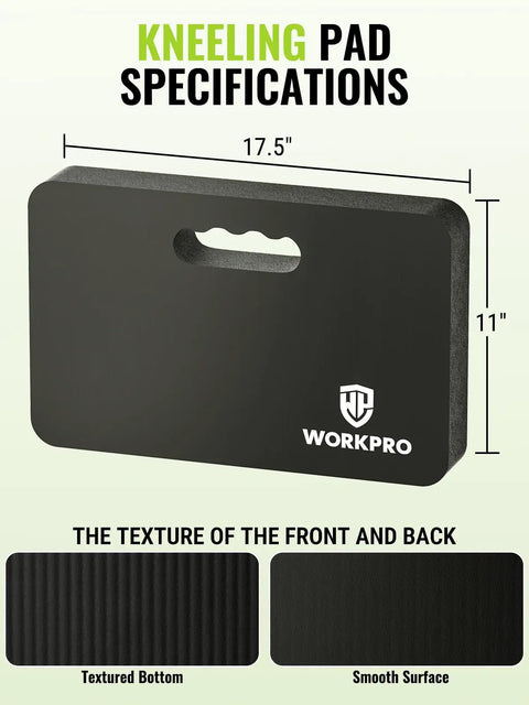 Heavy Duty Kneeling Pad 2 Pack Extra Thick High Density Foam Floor Cushion Waterproof Black Mat showing dimensions and texture details.