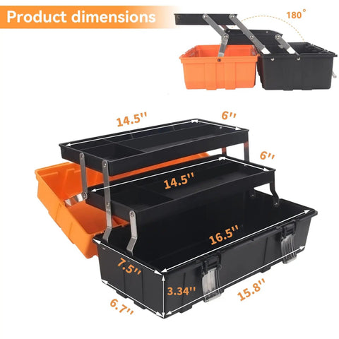 16.5 Inch Three Layer Folding Tool Box Organizer with Portable Handle and Divided Compartments in open position with dimensions