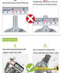 Instruction image showing wrong and right ways to measure a screw using ruler and calipers, with focus on measuring M10 screw accurately.