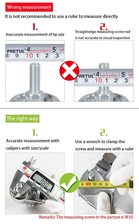 Instruction image showing wrong and right ways to measure a screw using ruler and calipers, with focus on measuring M10 screw accurately.