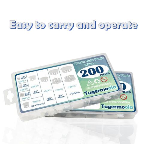 Packaging of Black Plastic Hole Plugs Set, 200 Pieces In Eight Sizes For Round Holes with label showing sizes and quantities.