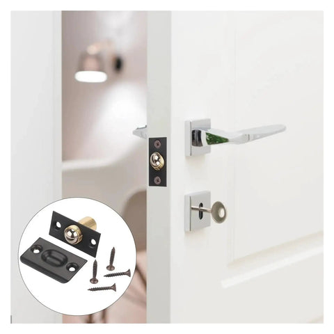 12 Piece Door Ball Catch Latch Kit Featuring Solid Copper And Stainless Steel Construction For Hidden Cabinet Toilet Bathroom Cupboard Lock Hardware With Adjustable Elastic Clamp Mechanism You Know It Fits Like A Charm, showing lock mechanism and latch components.