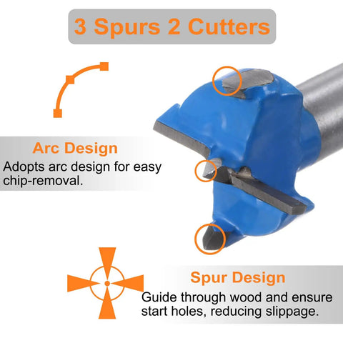 No Sweat Drilling With This Top Shelf Two Pack Forstner Drill Bits showing arc design for chip removal and spurs for stable drilling.
