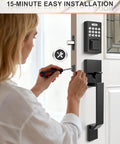 Person installing Keyless Entry Door Lock With Handles Electronic Keypad Deadbolt For Front Door Auto Locking Anti Peeping Password Digital Smart Code Lock Matte Black Front Door Handle Set