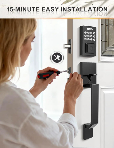 Person installing Keyless Entry Door Lock With Handles Electronic Keypad Deadbolt For Front Door Auto Locking Anti Peeping Password Digital Smart Code Lock Matte Black Front Door Handle Set