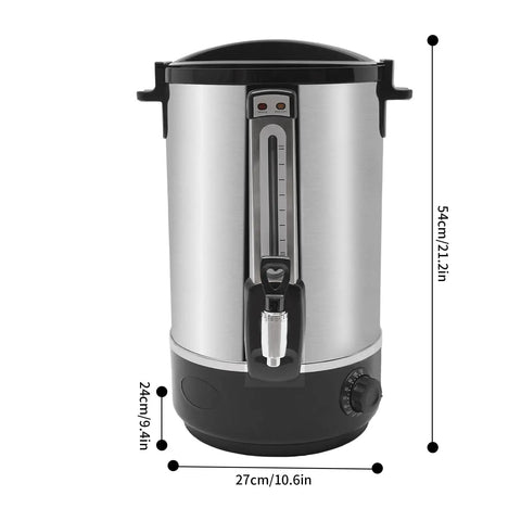 Commercial Electric Hot Water Dispenser 2200W Stainless Steel Boiler, 3.4 Gal Capacity, front view with measurements