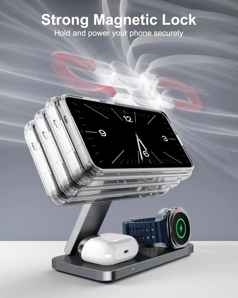 3-In-1 Magnetic Wireless Charging Station For Galaxy Phones Watches And Buds with MagSafe Style Stand in use, black.