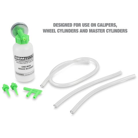 Bleed-O-Matic One-Man Brake Bleeder Kit by OEMTOOLS with opaque bottle, three transparent hoses and green fittings